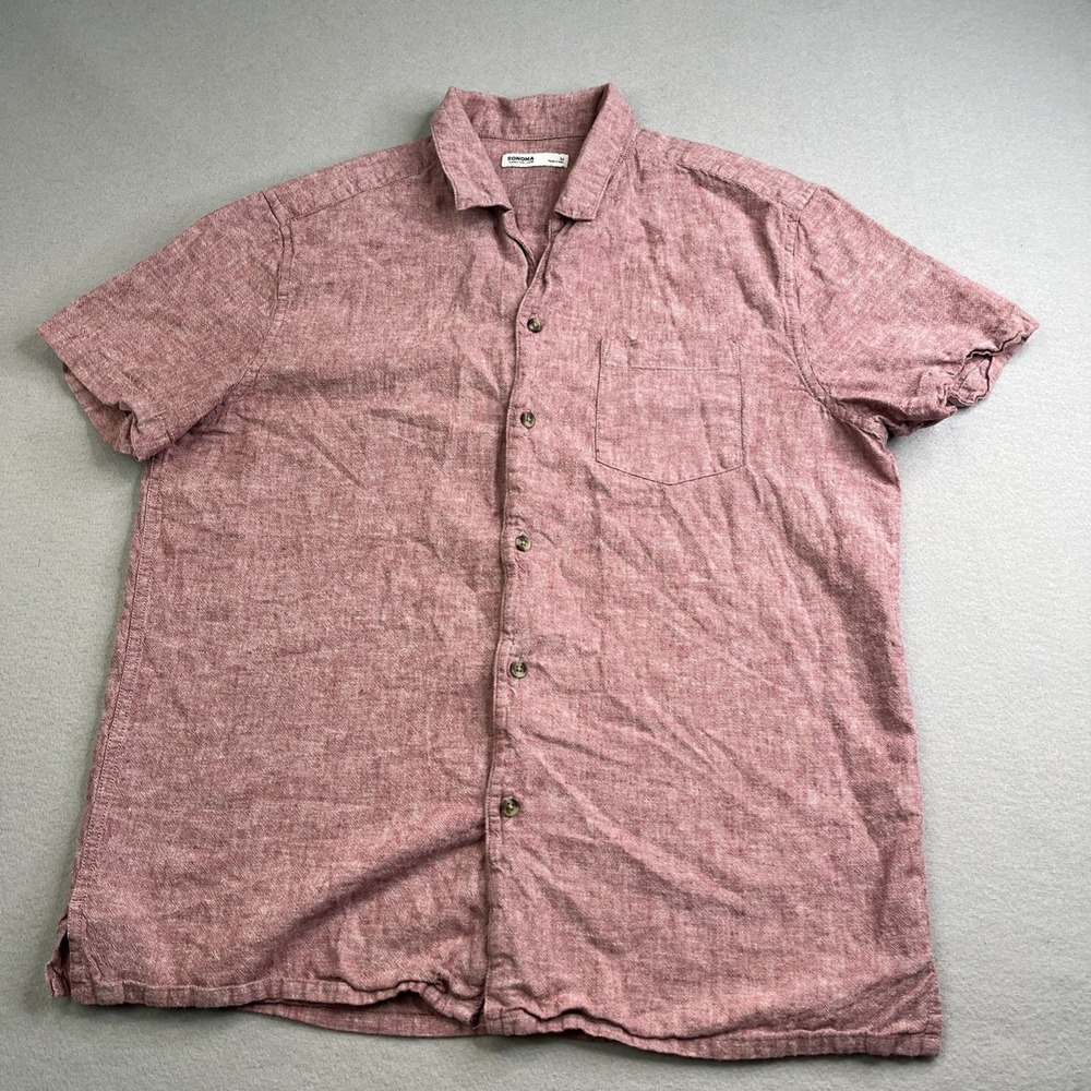 Sonoma Mens Medium Short Sleeve Cotton Linen Button Down Shirt Pink Heathered